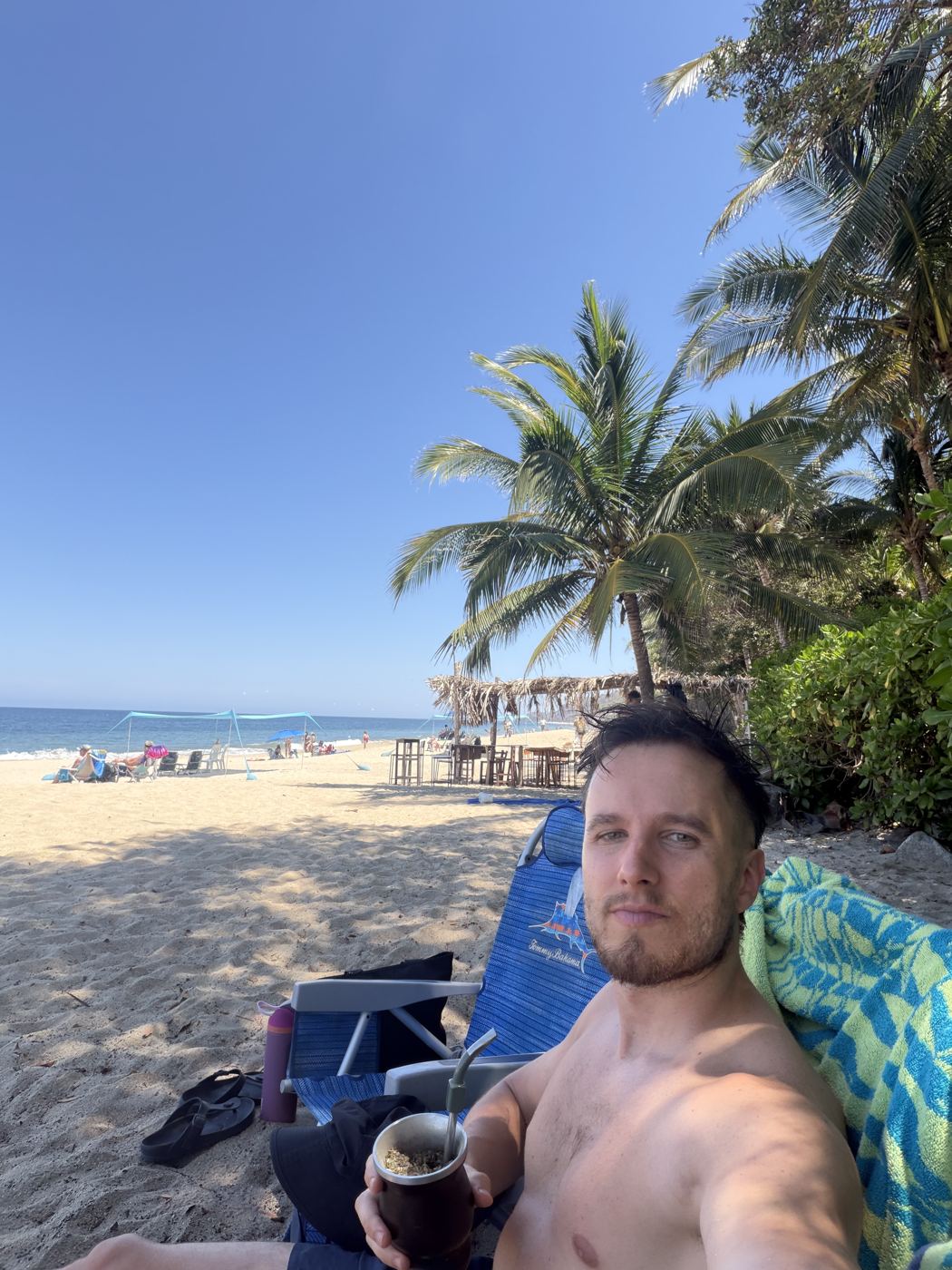 Pato tomando mate en la playa